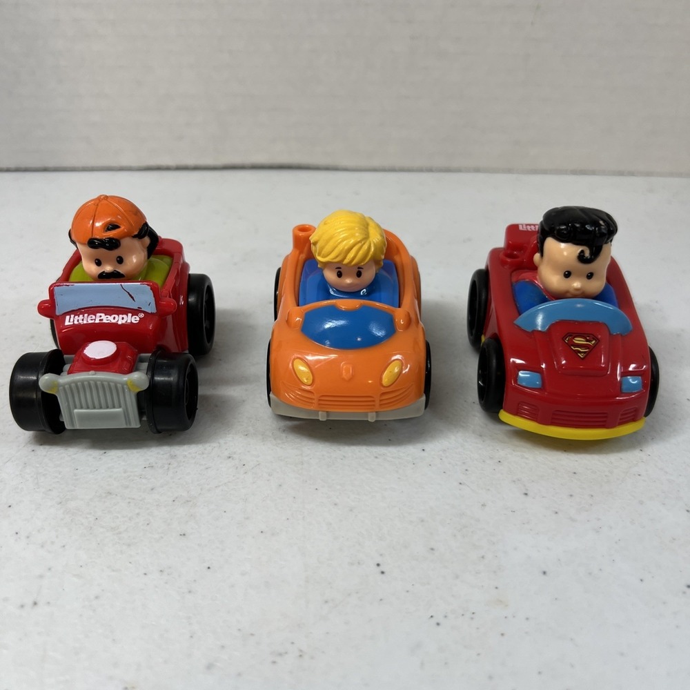 Fisher-Price Little People Wheelies lot of 3 Eddie, Superman, And Hot Rod